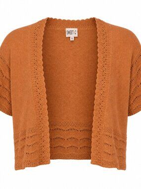 Sweet Kizz Pointelle Feminine Open Front Brown Short Sleeve Bolero Topper XL
